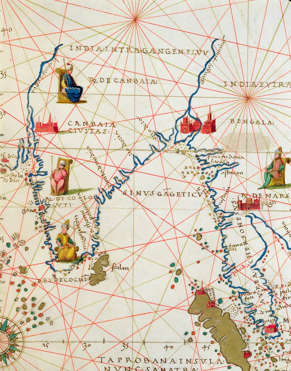 Intia ja Malesia, Atlas of the World in 33 Maps, Venetsia, 1. syyskuuta 1553 (muste vellum) (yksityiskohta numerosta 330955) tekijältä Battista Agnese