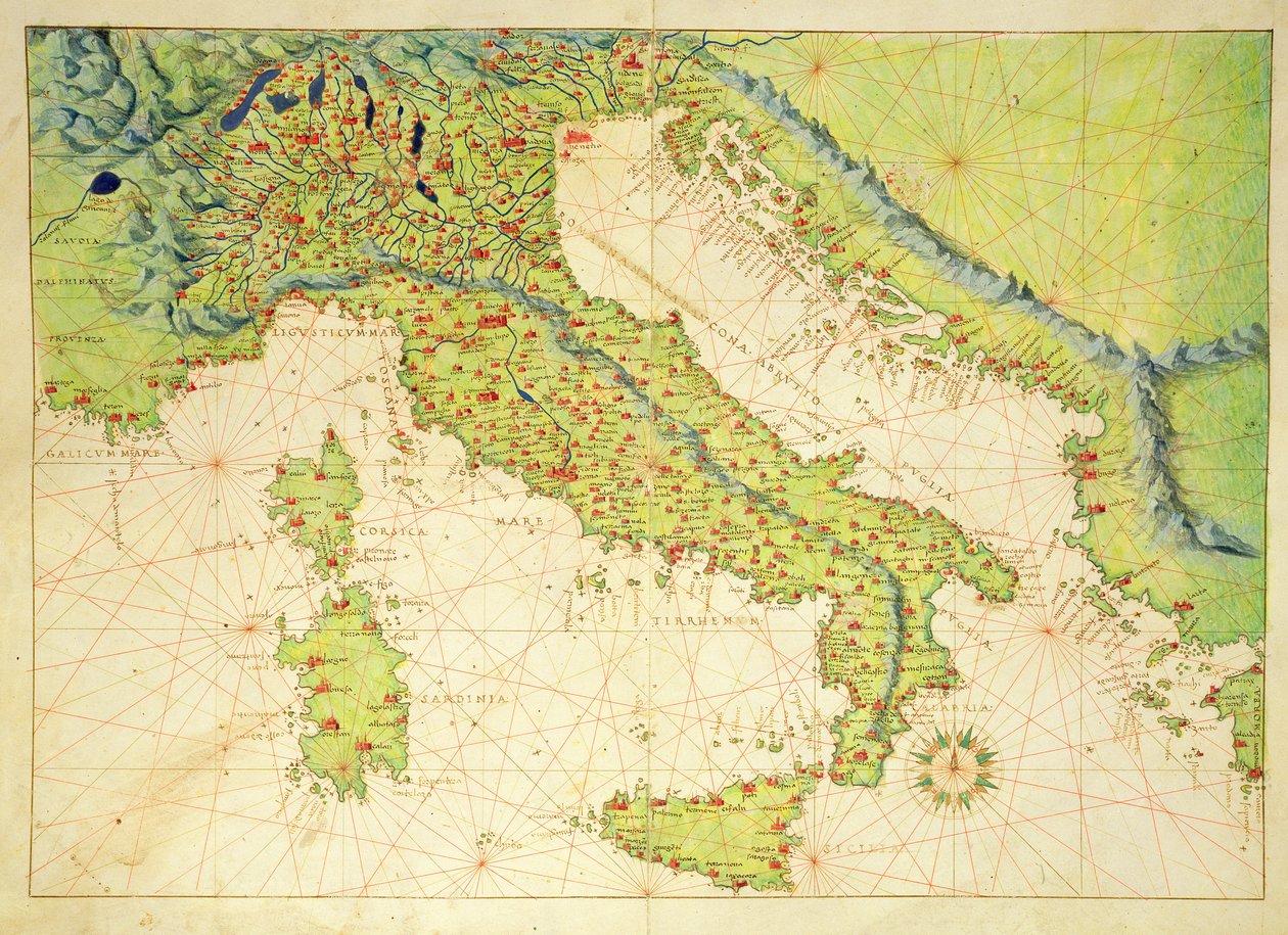 Italia, Atlas of the World in 33 Maps, Venetsia, 1. syyskuuta 1553 (muste vellum) tekijältä Battista Agnese