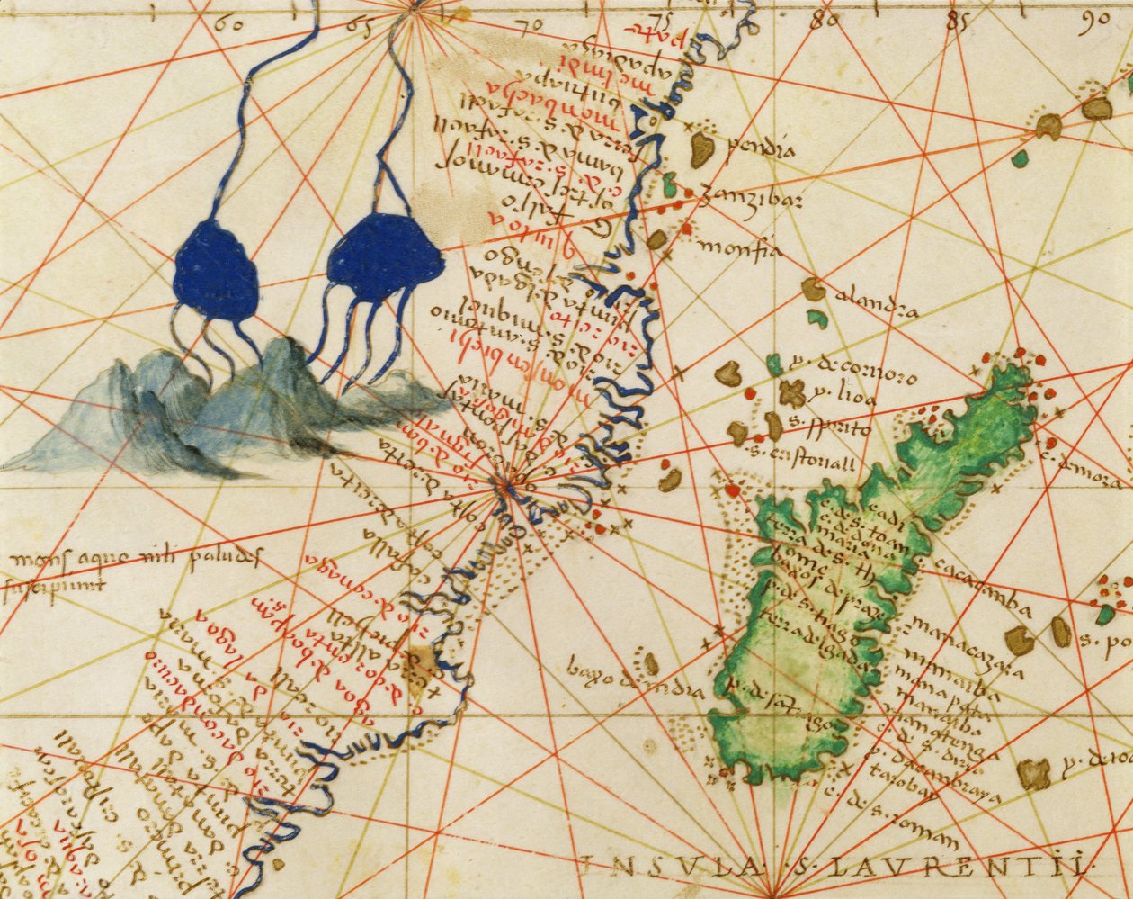 Madagaskar, Atlas of the World in 33 Maps, Venetsia, 1. syyskuuta 1553 (muste vellum) (yksityiskohta numerosta 330955) tekijältä Battista Agnese