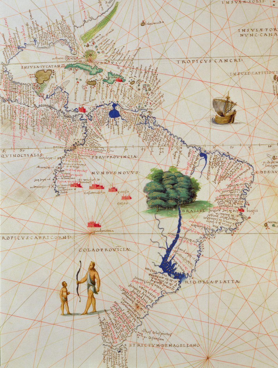 Etelä-Amerikka, Atlas of the World in 33 Maps, Venetsia, 1. syyskuuta 1553 (muste vellum) (yksityiskohta numerosta 330959) tekijältä Battista Agnese