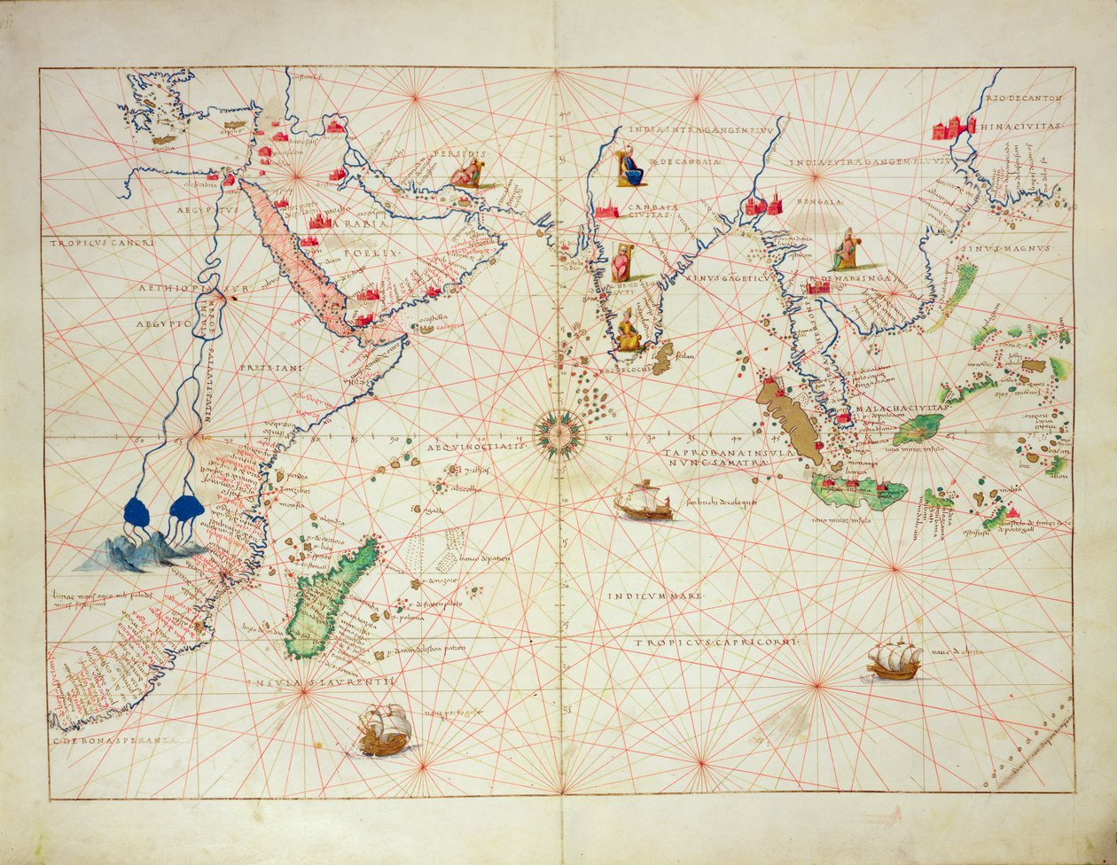 Intian valtameri, 33 kartan maailmanatlaksesta, Venetsia, 1. syyskuuta 1553 (muste pergamentilla) (ks. myös 330956). tekijältä Battista Agnese