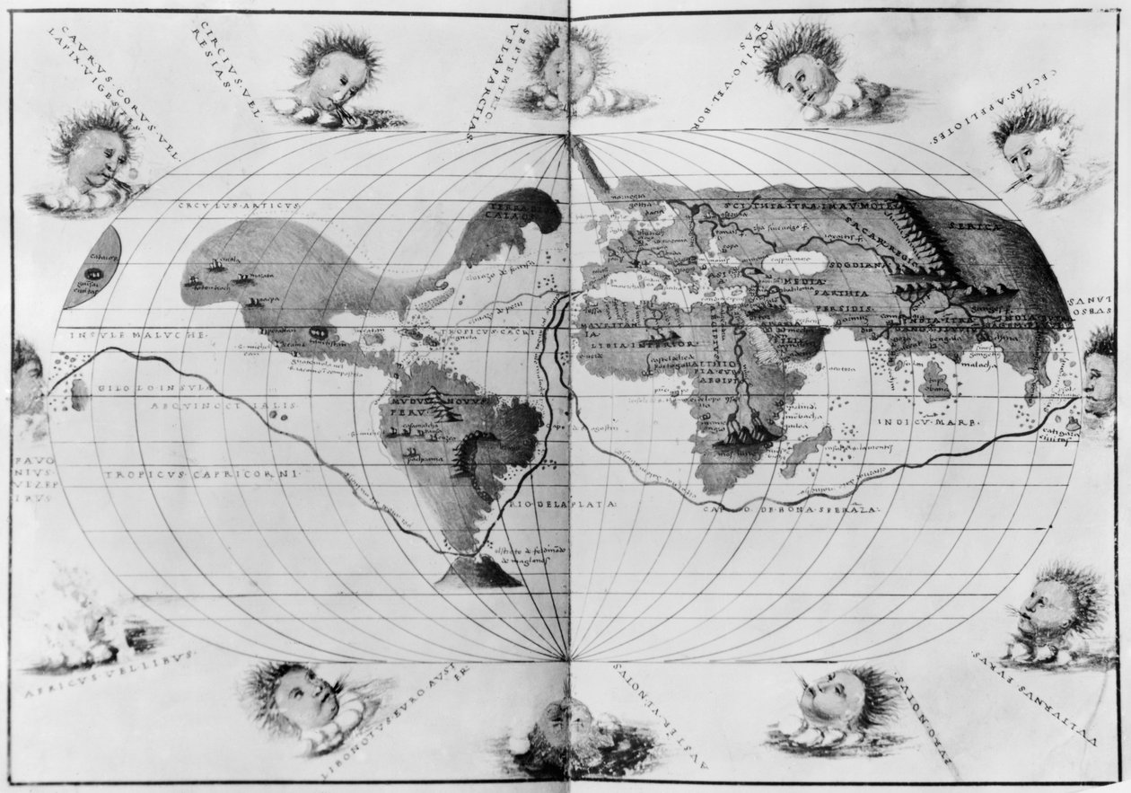 Maailmankartta Magellanin maailmanympärysmatkasta, Portolan Atlas of the World -teoksesta, n. 1540 (ks. myös 63417, 151822). tekijältä Battista Agnese