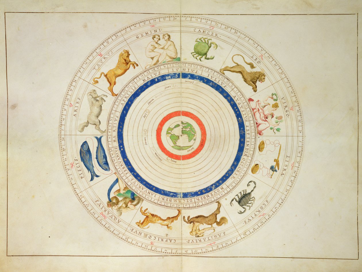 Zodiac-kalenteri, Atlas of the World in 33 Maps, Venetsia, 1. syyskuuta 1553 (muste vellum) tekijältä Battista Agnese