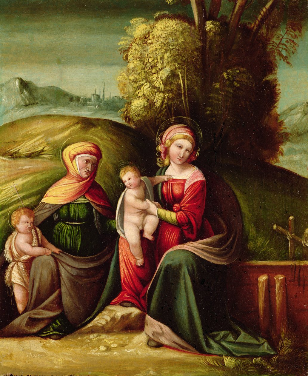 Neitsyt ja lapsi St. Elizabethin ja St. Johnin kanssa maisemassa tekijältä Battista Dossi