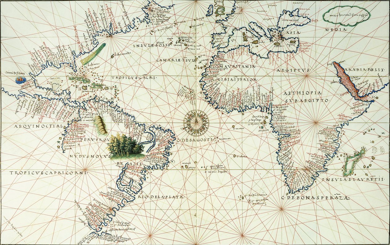 Kaksisivuinen kartta Atlantin valtamerestä, jossa näkyy Pohjois- ja Etelä-Amerikan itärannikko, 1544 tekijältä Battista Agnese