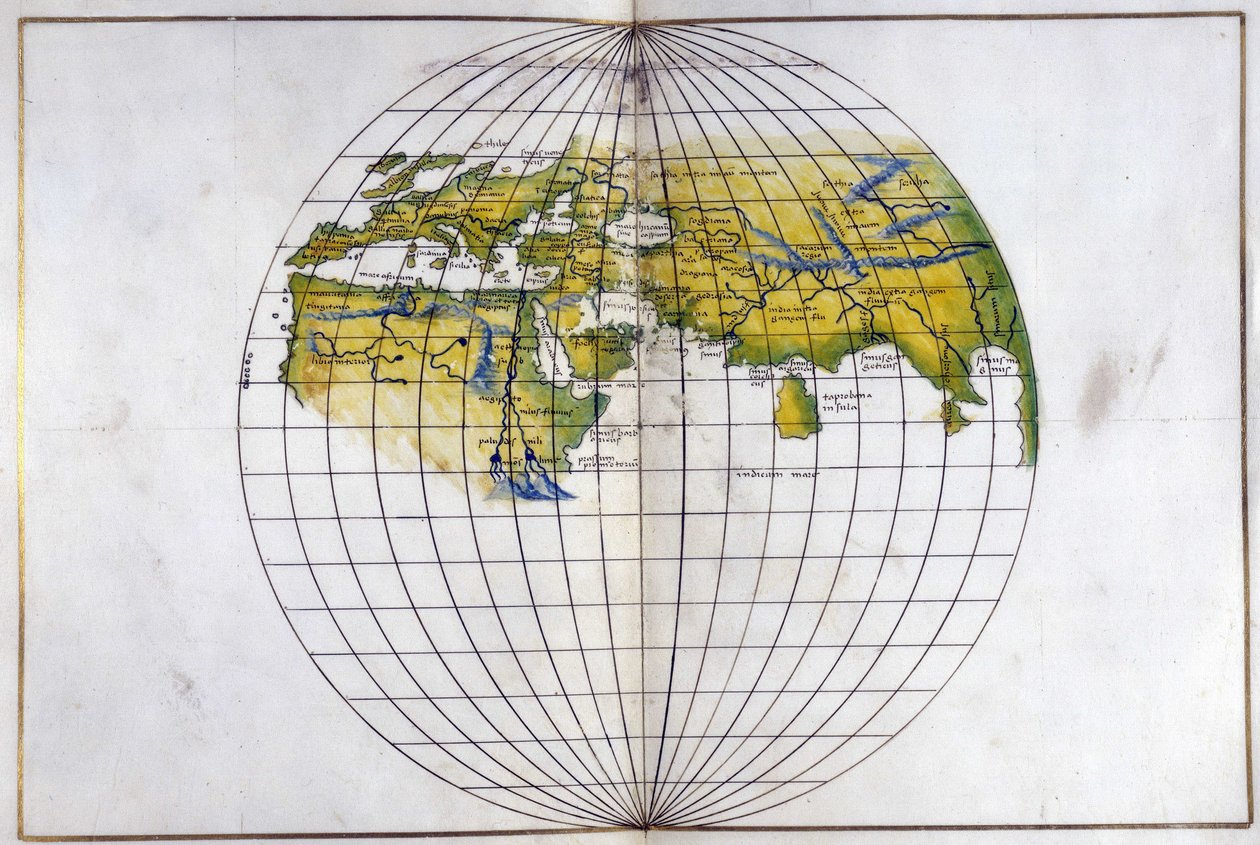 Eger. 2854. f.14v-15 puolipallokartta vanhasta maailmasta Euroopasta ja Afrikasta Intiaan; joka näyttää Ptolemaioksen divisioonat, n. 1540 (vellum) tekijältä Battista Agnese