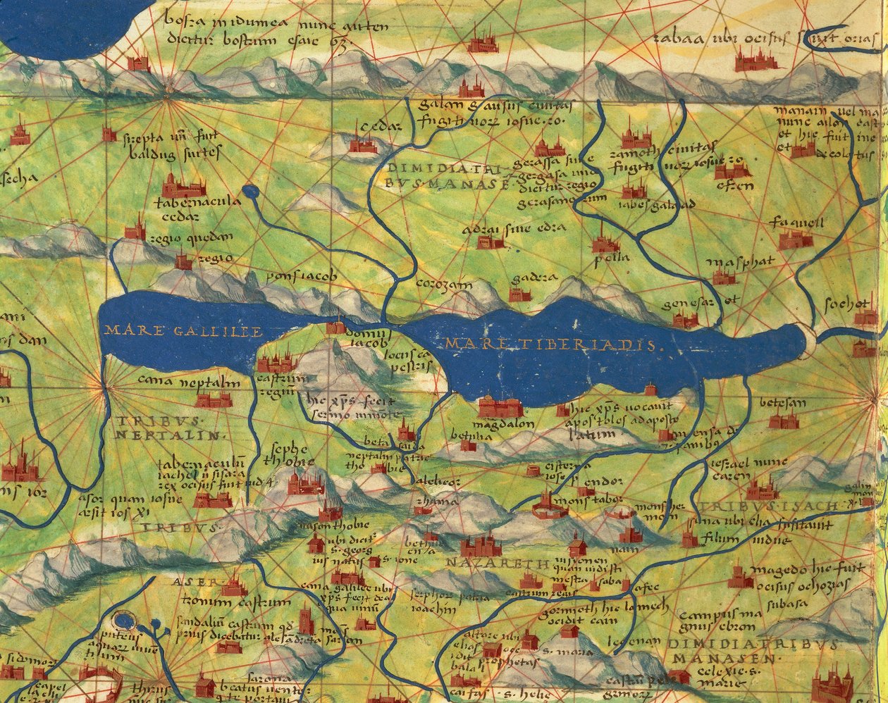 Pyhä maa, Israel ja Palestiina: Galileanmeri ja Tiberiaksen kaupunki, Atlas of the World, kolmekymmentäkolme karttaa, kirjoittanut Battista Agnese tekijältä Battista Agnese