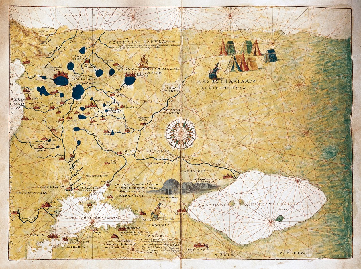 Moschoviae Tabula, mapa de Rússia i ciutats europees al llarg del riu Volga tekijältä Battista Agnese