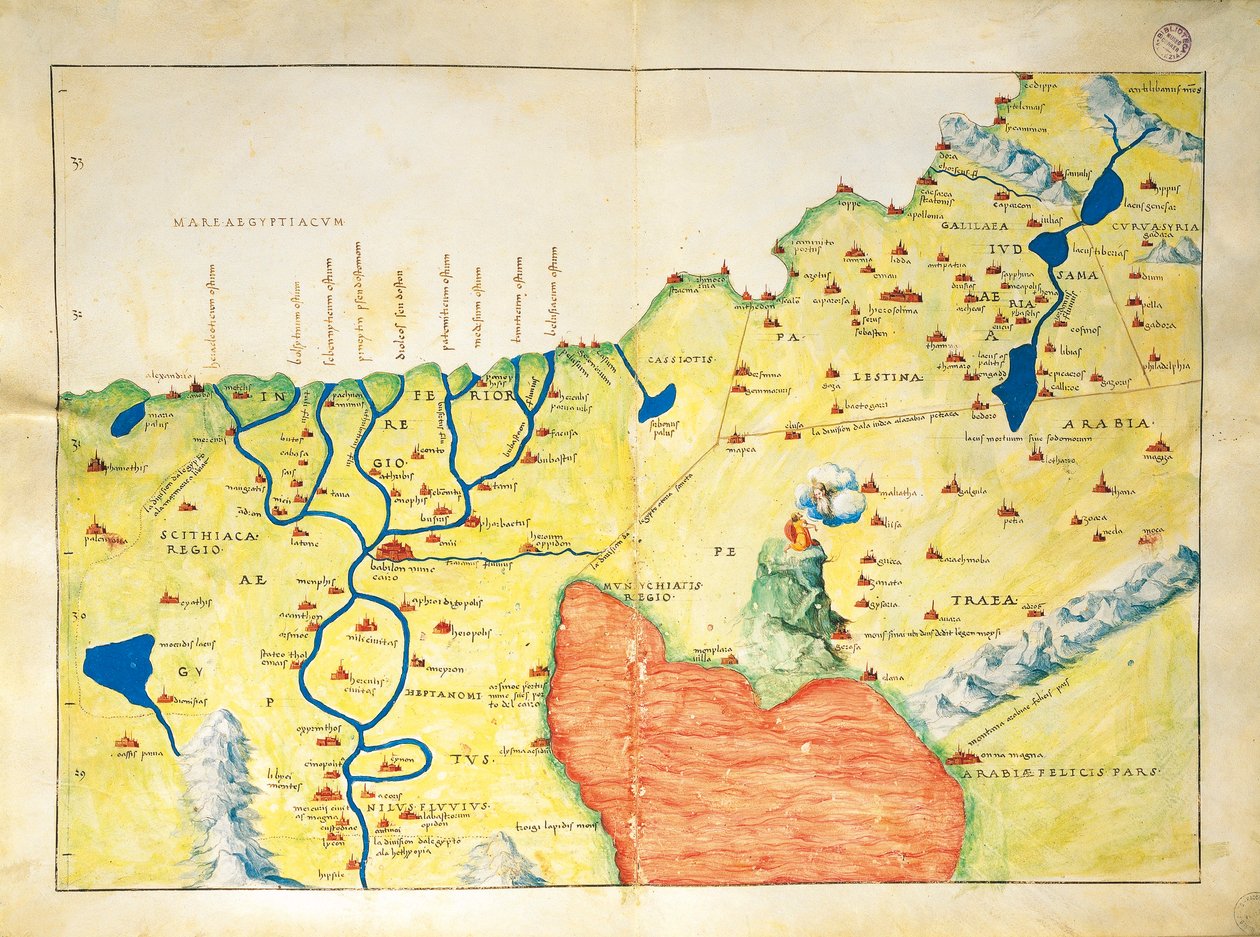 Niilin joen suisto, Punainen meri ja Siinain vuori, Atlas of the World kolmessakymmenessäkolmessa kartassa, kirjoittaja Battista Agnese tekijältä Battista Agnese