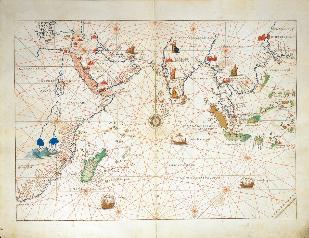 Intian valtameri ja osa Aasiaa ja Afrikkaa, Atlas of the World 33 kartasta, kirjoittaja Battista Agnese tekijältä Battista Agnese