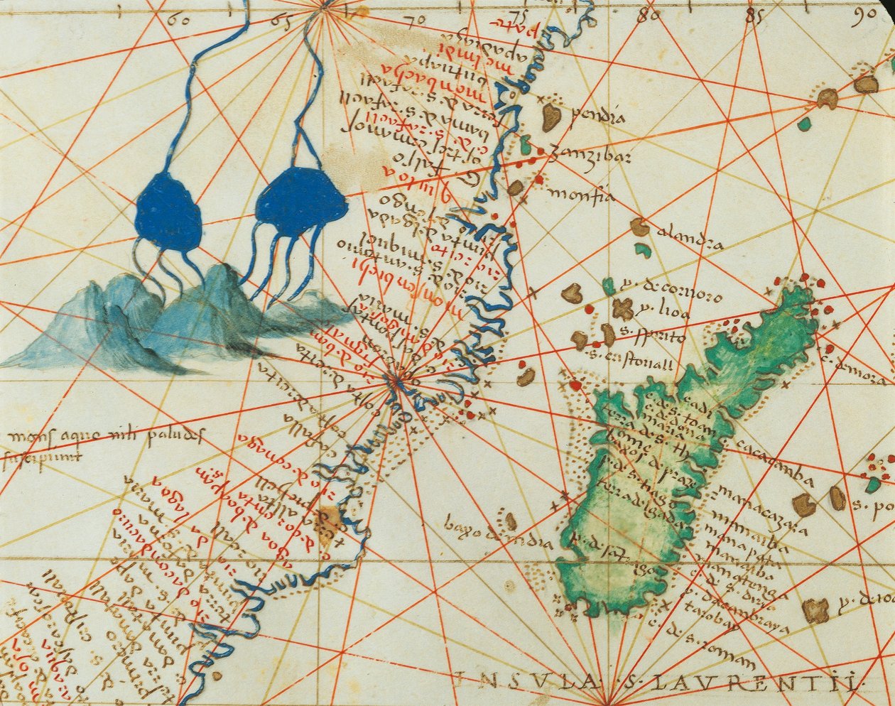 Intian valtameri ja osa Aasiaa ja Afrikkaa: Niilin lähde ja Madagaskar, Atlas of the World kolmessakymmenessäkolmessa kartassa, kirjoittaja Battista Agnese tekijältä Battista Agnese