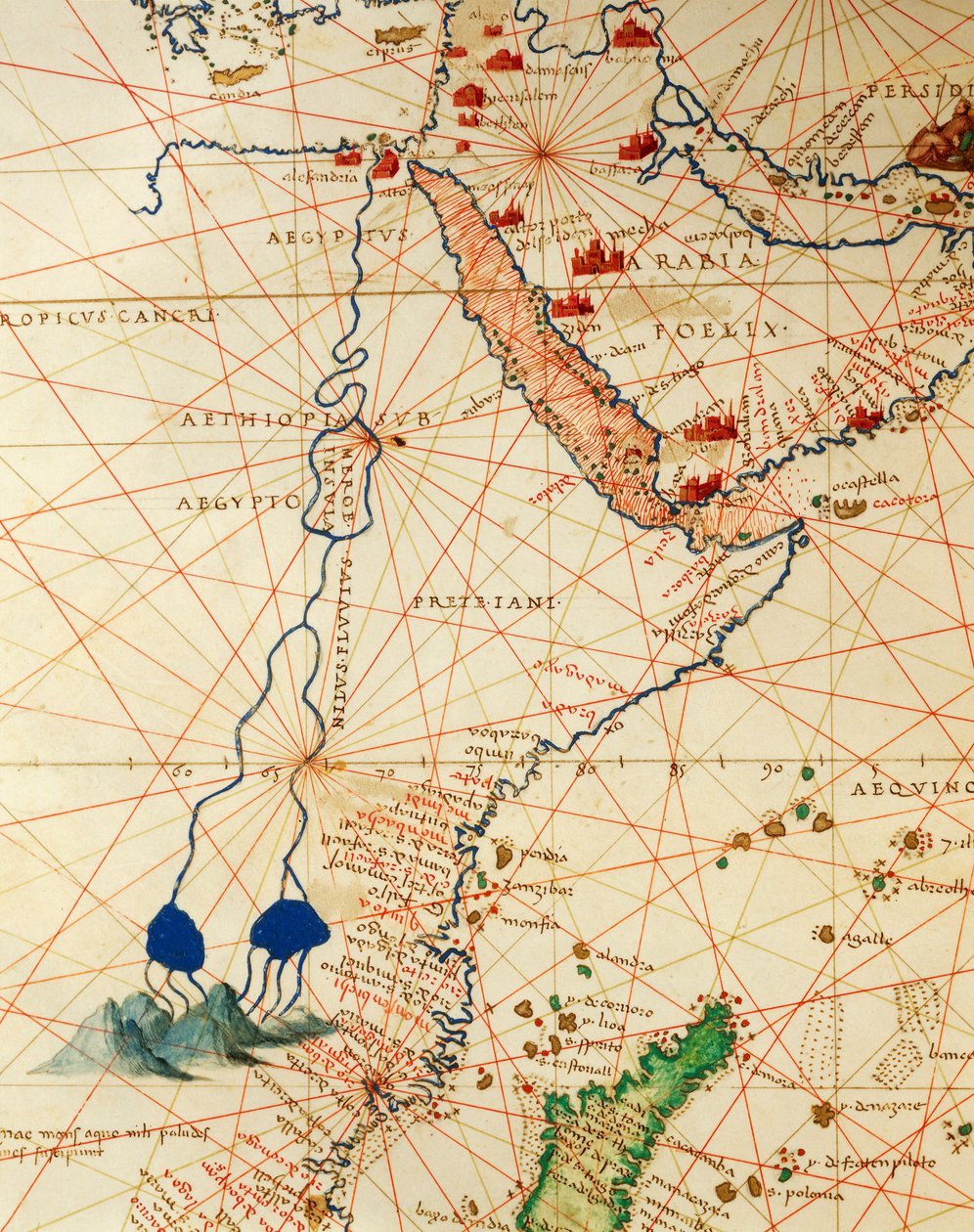 Intian valtameri ja osa Aasiaa ja Afrikkaa: Niilin kulku, Atlas of the World kolmessakymmenessä kolmessa kartassa, kirjoittaja Battista Agnese tekijältä Battista Agnese