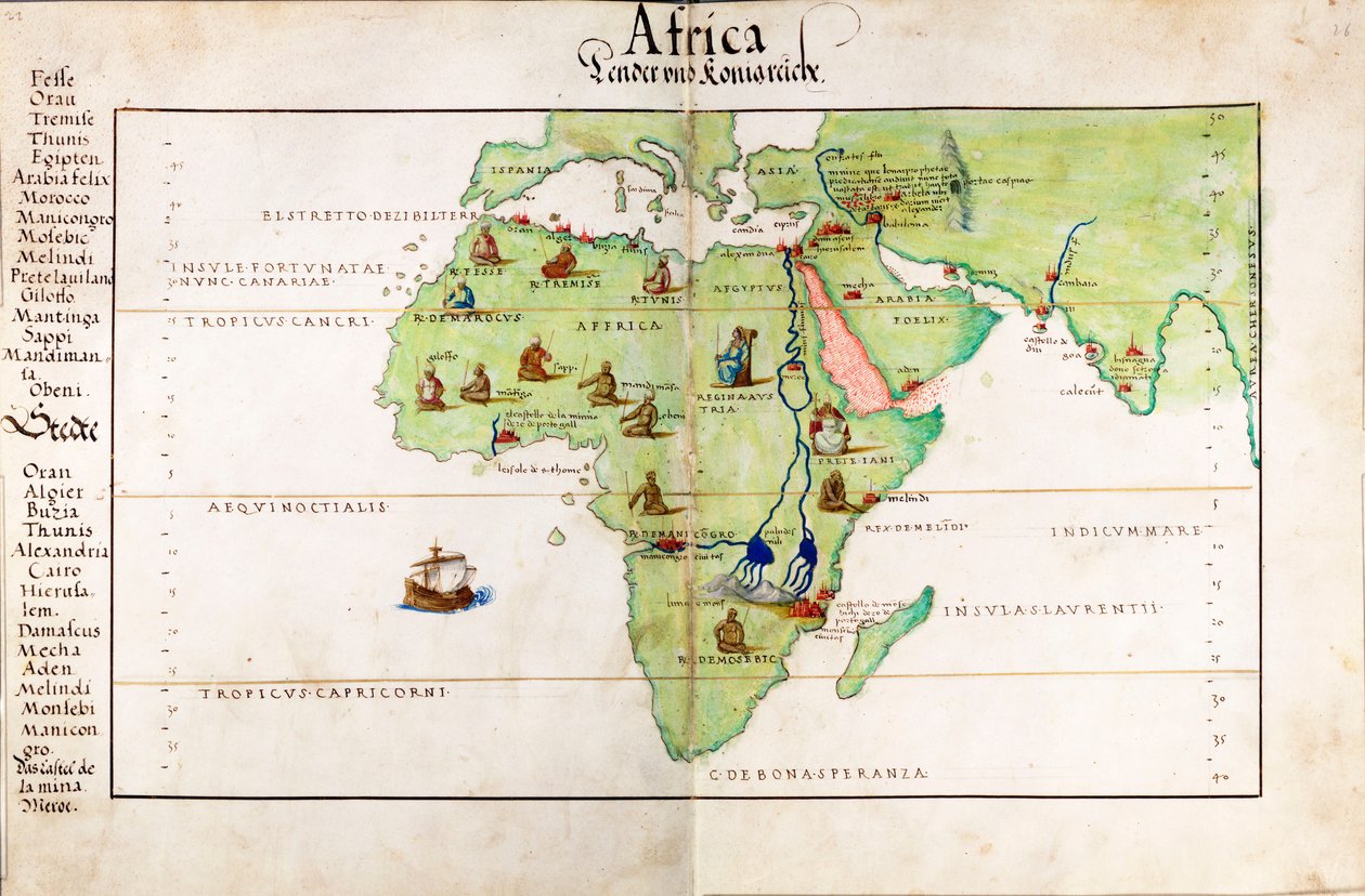Afrikan, Intian ja Välimeren alueen vellumkartta tekijältä Battista Agnese