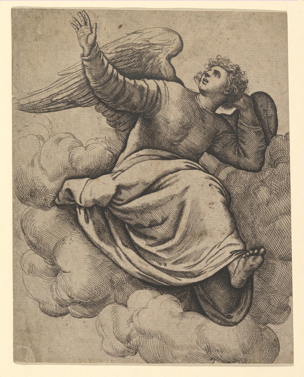 Enkeli istuu pilvellä, n. 1560. tekijältä Battista Franco Veneziano