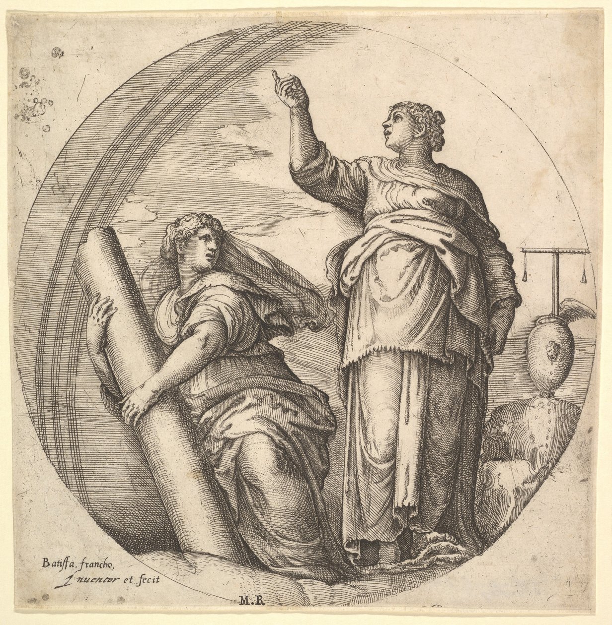 Fortitude and Justice, allegorinen sävellys pyöreässä muodossa, jossa Fortitude g..., n. 1530-61. tekijältä Battista Franco Veneziano