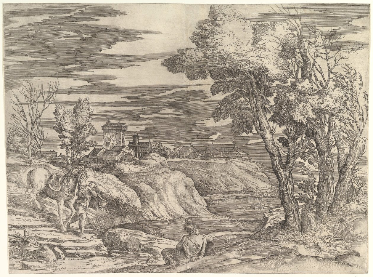 Maisema ratsumiehen ja sulhasen kanssa, n. 1552-61. tekijältä Battista Franco Veneziano