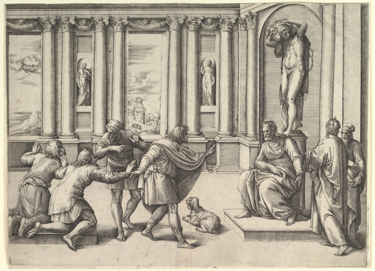 Mies istuu Bacchus-patsaan alla, vastaanottamassa yleisöä, n. 1530-61. tekijältä Battista Franco Veneziano