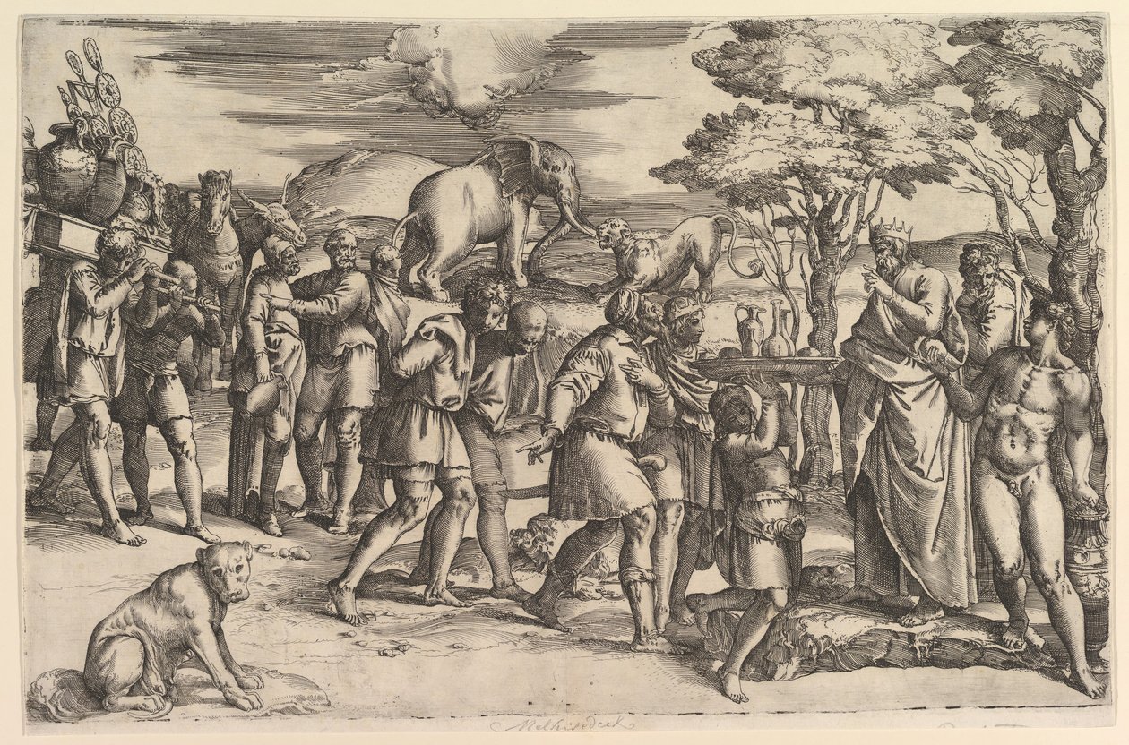 Melkisedek tarjoaa leipää ja viiniä Abrahamille, n. 1547. tekijältä Battista Franco Veneziano