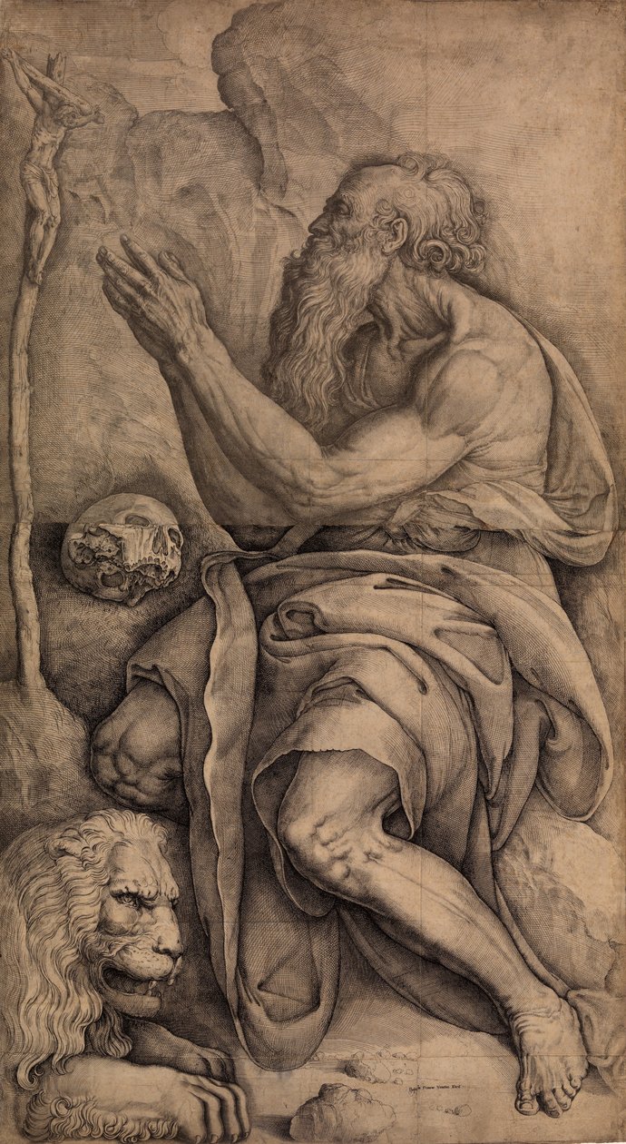 Pyhä Jerome polvistumassa krusifiksin edessä, kallo ja leijona, n. 1550-60. tekijältä Battista Franco Veneziano