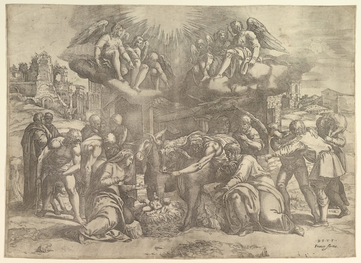 Paimenten palvonta enkelien yläpuolella, n. 1530-61. tekijältä Battista Franco Veneziano