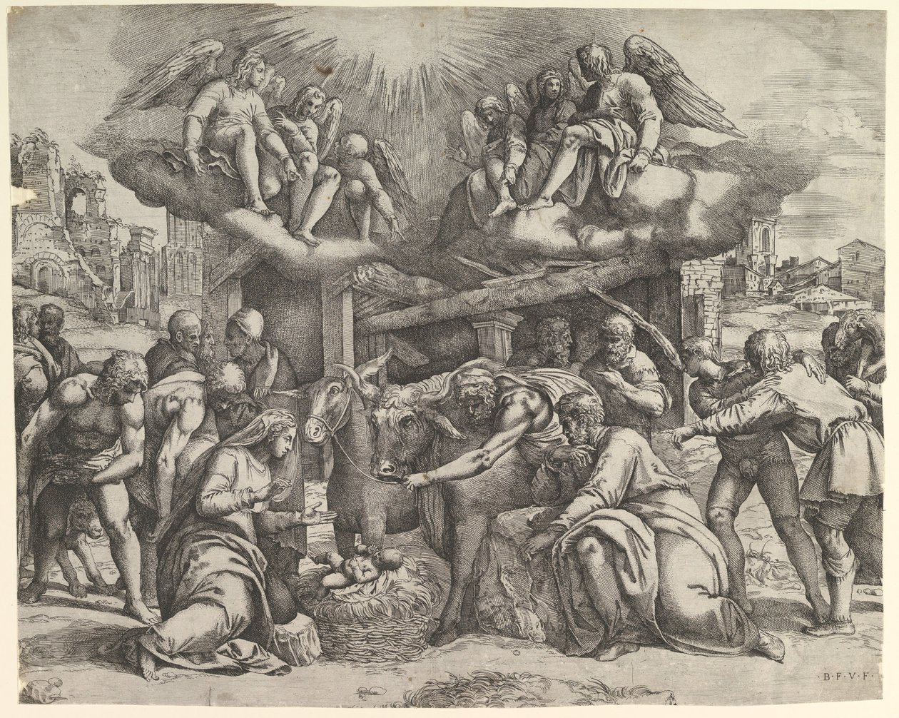 Paimenten palvonta enkelien yläpuolella, n. 1530-61. tekijältä Battista Franco Veneziano