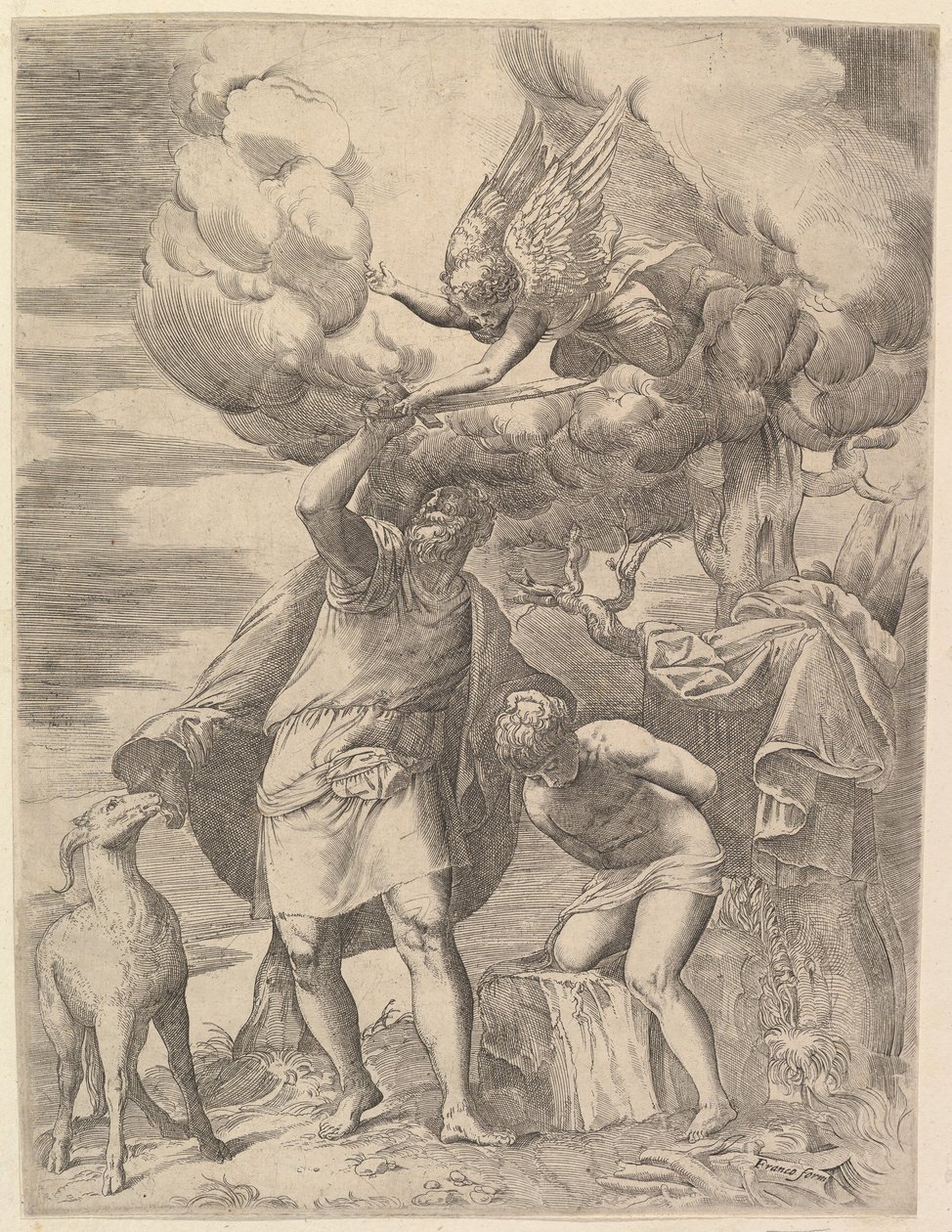 Enkeli pysyy Abrahamin käsivarressa, vuoden 1552 jälkeen. tekijältä Battista Franco Veneziano