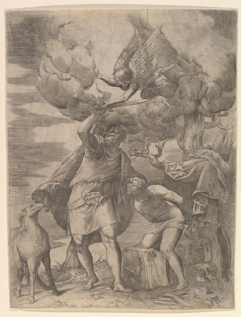 Enkeli pysyy Abrahamin käsivarressa, vuoden 1552 jälkeen. tekijältä Battista Franco Veneziano