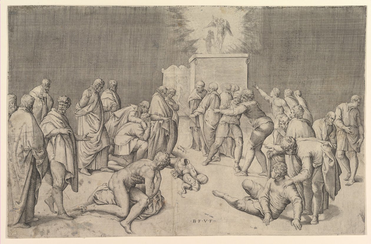 Filistealaiset asettavat liitonarkin Dagonin temppeliin, n. 1540. tekijältä Battista Franco Veneziano