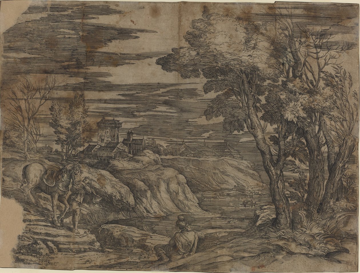 Maisema, jossa mies johtaa hevosta tekijältä Battista Franco, after Titian