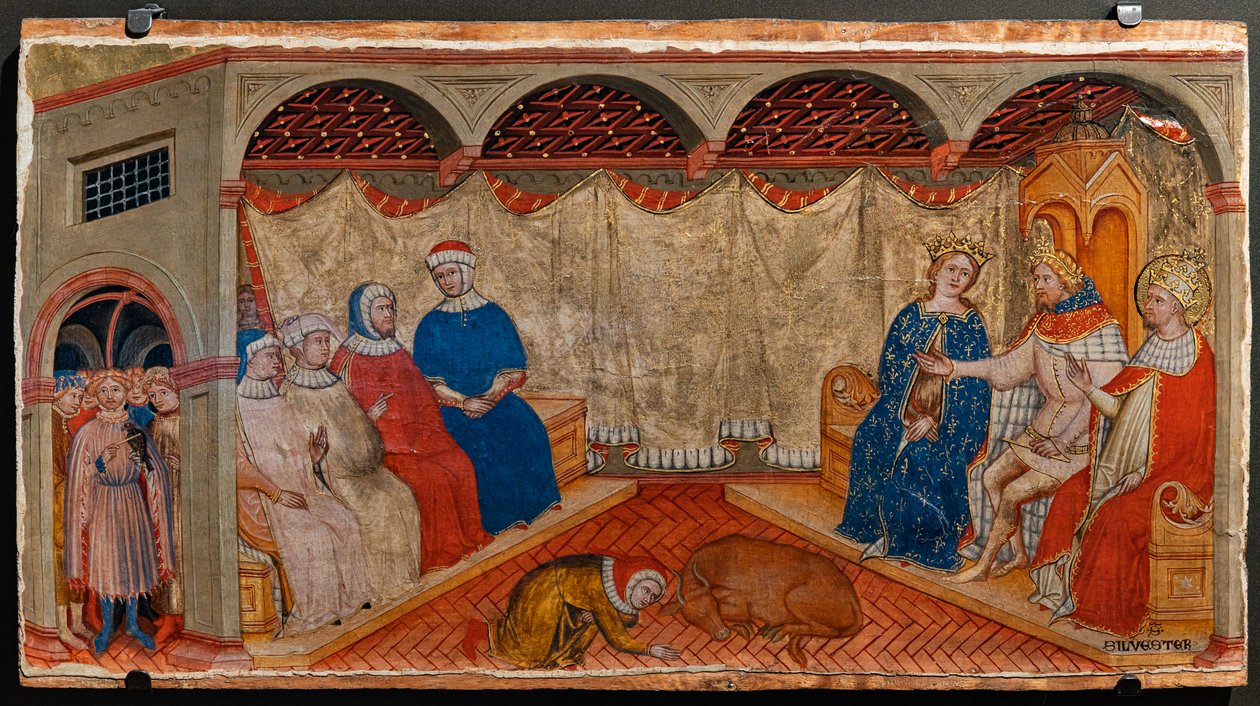 Pyhän Sylvesterin kiista Rooman rabbien kanssa Konstantinuksen ja Helenan läsnä ollessa (tempera paneelissa) tekijältä Battista da Vicenza