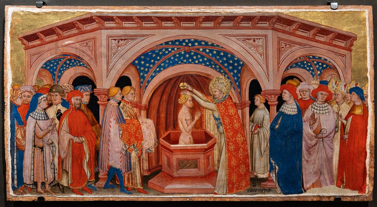 Paavi Pyhä Sylvester kastaa Costantinuksen Lateranossa (tempera paneelissa) tekijältä Battista da Vicenza