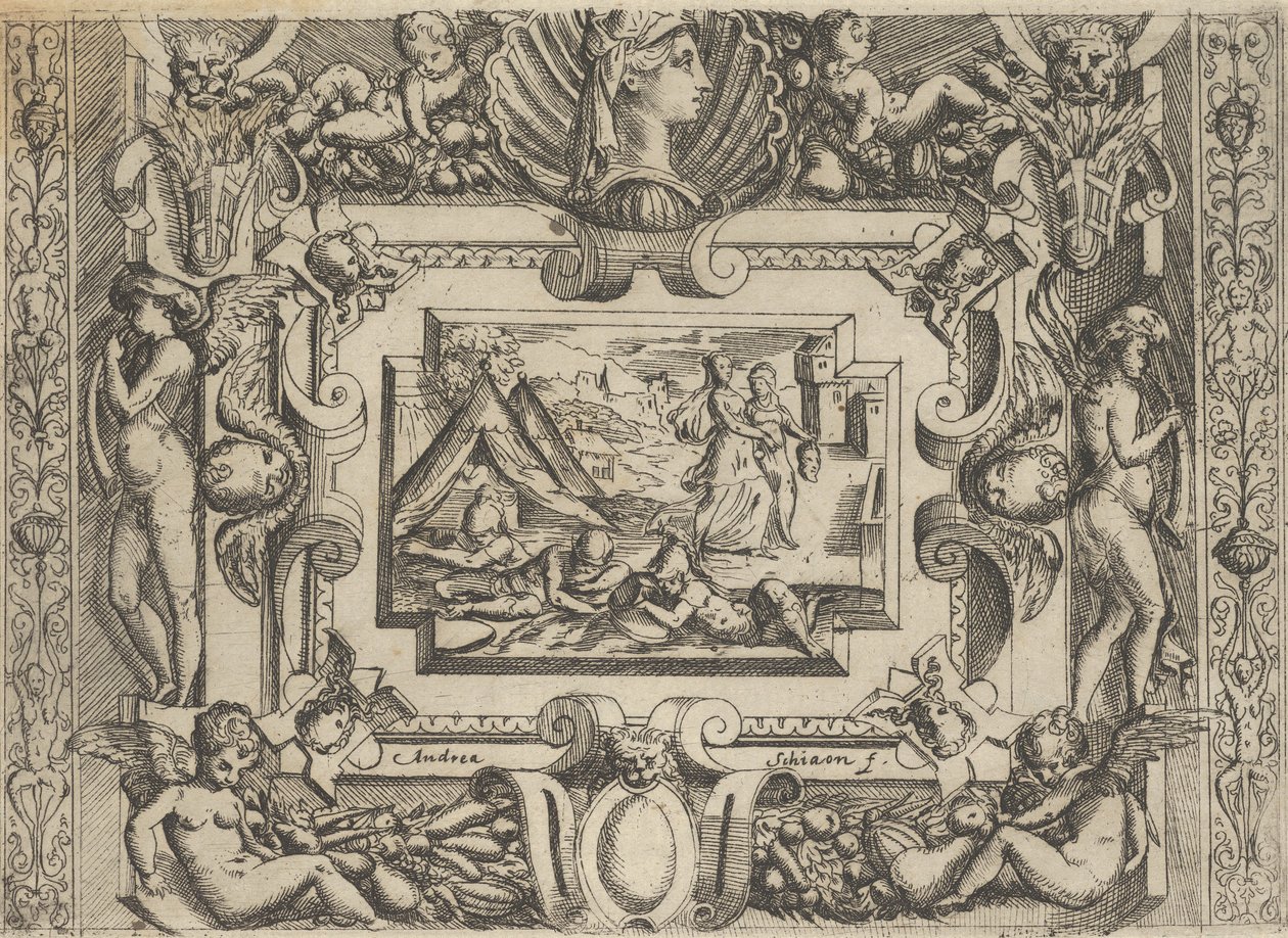 Judith ja palvelijattare Holofernesin pään kanssa, sijoittuu yksityiskohtaisiin kehyksiin, noin 1540-80. tekijältä Battista del Moro