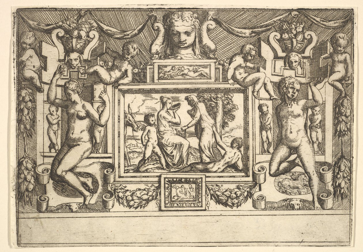 Nuori nainen juo kulhosta, vanha nainen seisoo hänen edessään..., noin. 1540-80. tekijältä Battista del Moro