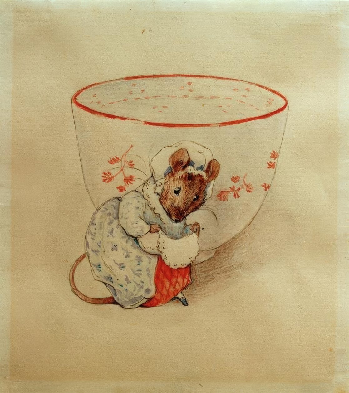 Frau Maus kumartaa teekupin edessä tekijältä Beatrix Potter