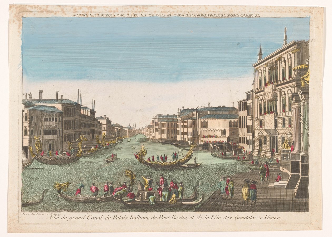 Gezicht op de Canal Grande met gondels, het Palazzo Balbori en de Ponte Rialto te Venetië Canal Grande, Balborin palatsi, Realton silta ja gondolifestivaali Venetsiassa (otsikko esineessä) tekijältä Beauvais