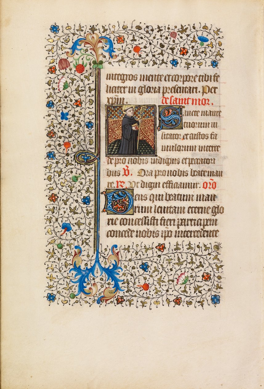 Apotti Maurus sauva ja kirja, n. 1440-1450 (tempera, lehtikulta, maali ja muste pergamentille) tekijältä Bedford Master Workshop