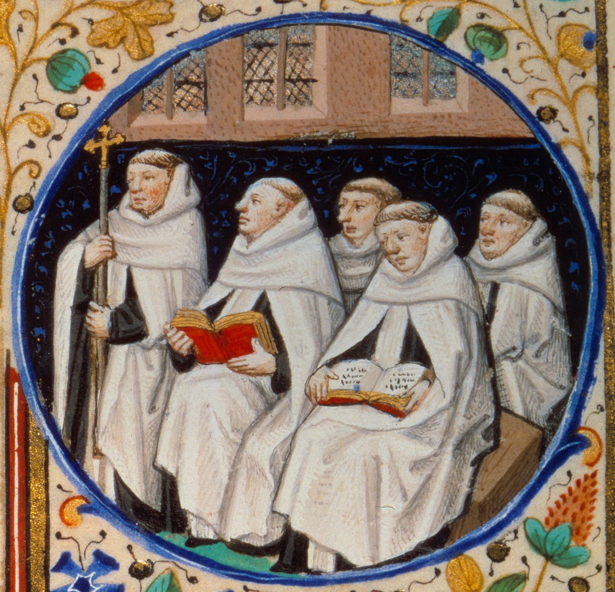 Kohtaus luostarielämästä. Yksityiskohta Carmen-veljeskunnan munkkeista. Miniatyyri otettu "" Tuntikirjasta Pariisin käytön mukaan"" Bedfordin mestarin työpajan valaisemasta. 1450. Paris, B.N. tekijältä Bedford Master Workshop