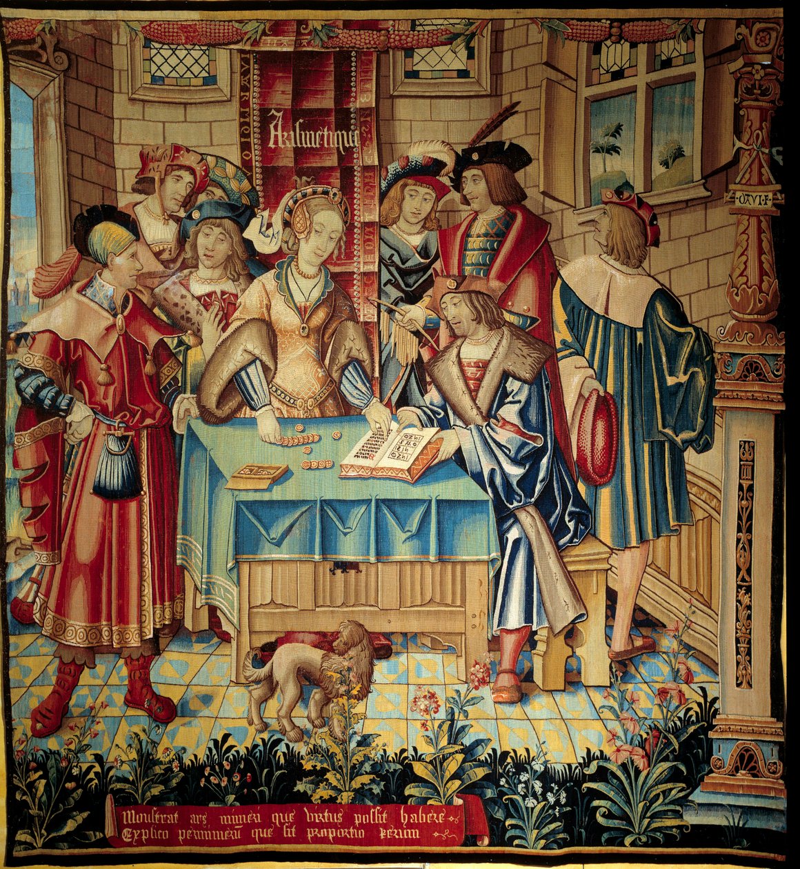 Vapaita taiteita kuvaava verho: Aritmetiikka. Villa- ja silkkikudos valmistettu noin 1520 Tournaissa. Aurinko 3,1x2,9 m Pariisi, keskiajan kansallismuseo, Thermes de Cluny tekijältä Belgian School