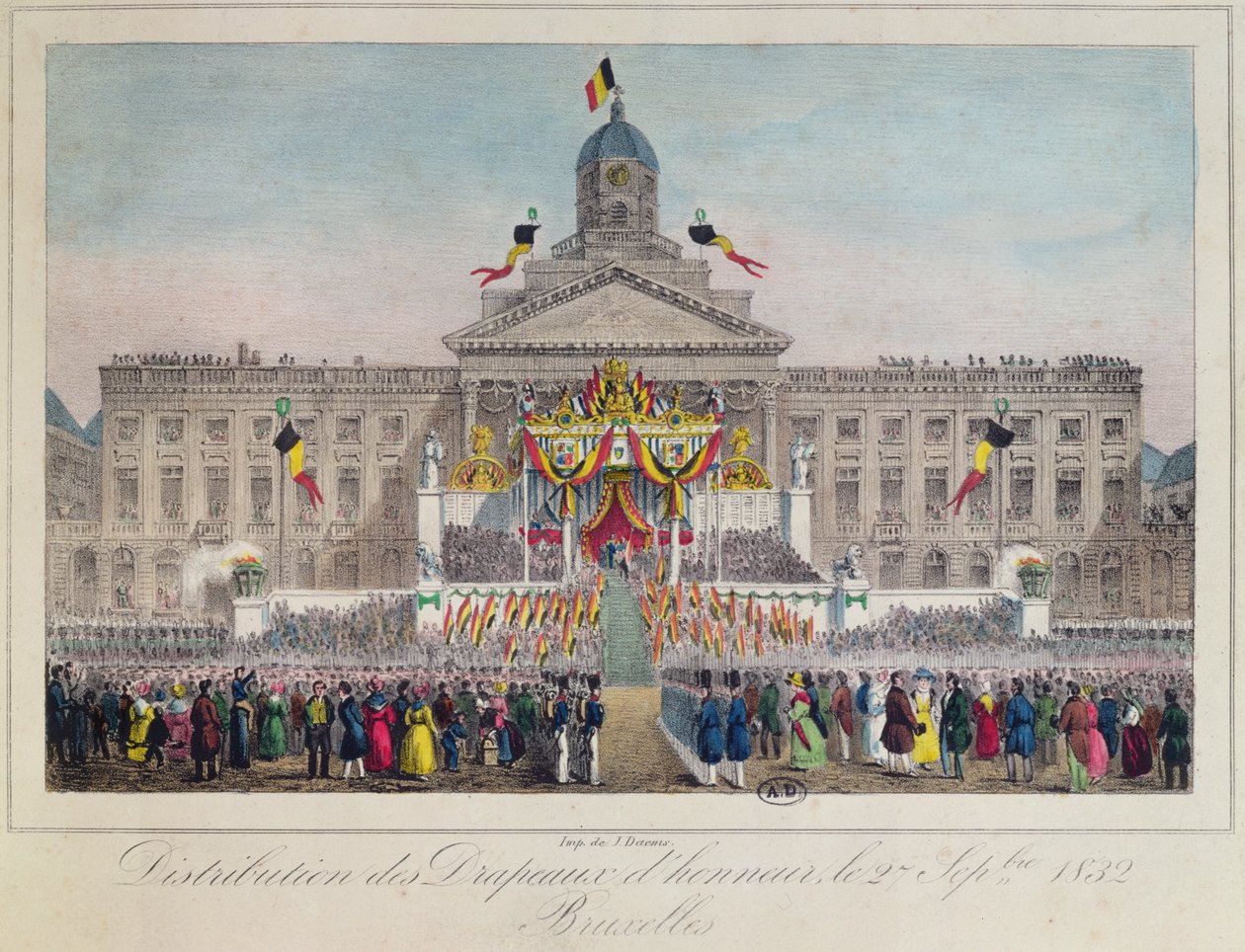 Kunnialippujen jako Brysselissä 27. syyskuuta 1832, 1832 (värikaiverrus) tekijältä Belgian School