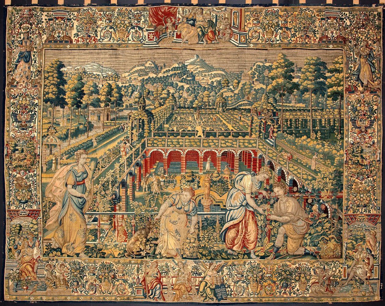 Hedelmien sadonkorjuu. Gobeliini Brysselin tehtaista. 1500-luvun Genes, Musei di Strada Nuova. tekijältä Belgian School