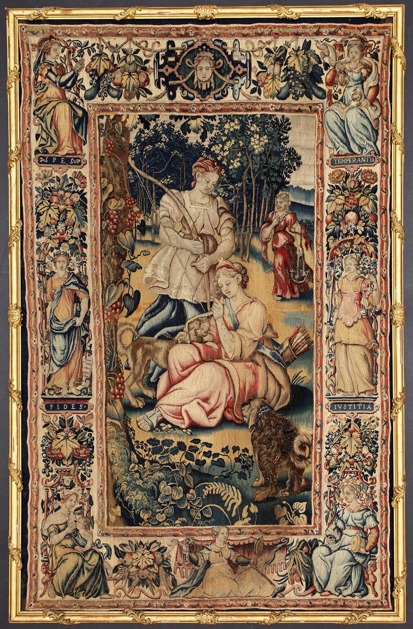Metsästyksen Dianan ja hyveen jumalatar. Gobeliini on valmistettu Brysselin manufaktuurissa. 1500-luku Genes, Musei di Strada Nuova. tekijältä Belgian School