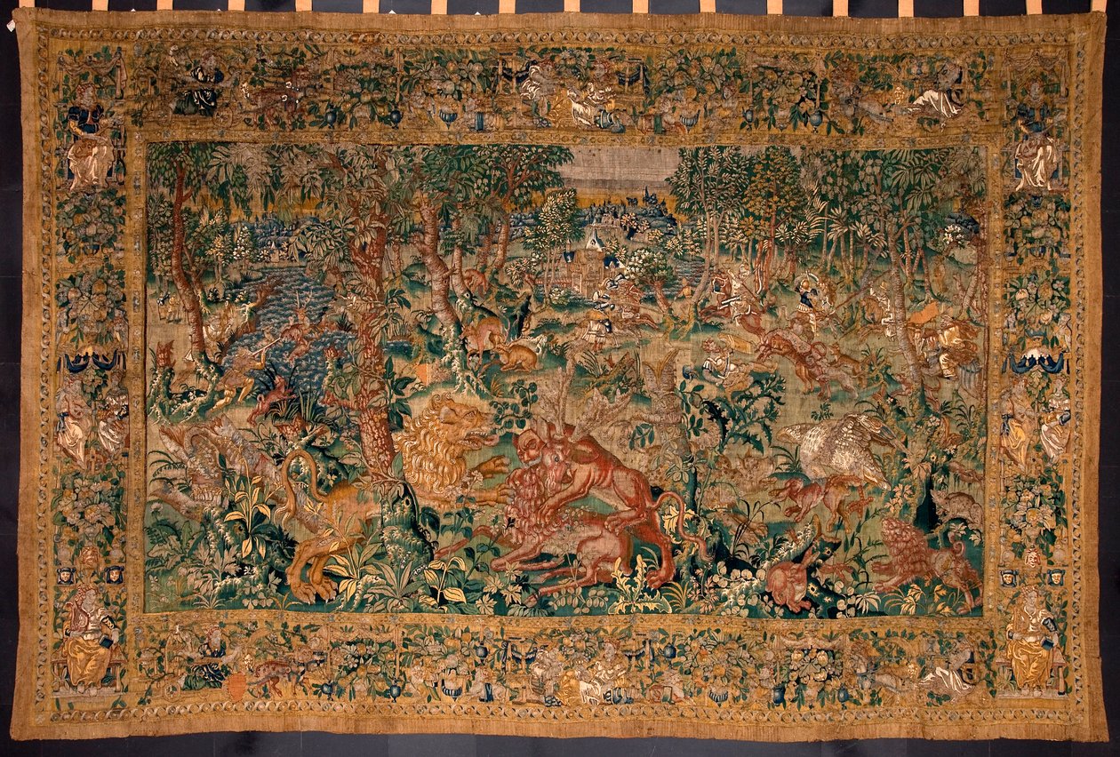 Metsästyskohtaus Gobeliini, joka on valmistettu Brysselin manufaktuurissa. 1500-luku Genes, Musei di Strada Nuova. tekijältä Belgian School