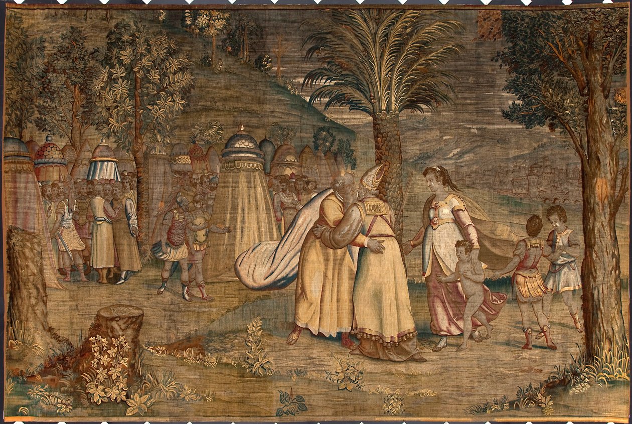 Jethro saattoi tyttärensä Sephoran ja lapsensa Moisen luo Dionys Martenszin tekemä kuvakudos Luca Cambiason (1527-1584) kartongin mukaan, jonka valmistivat Brysselin manufaktuurit. tekijältä Belgian School