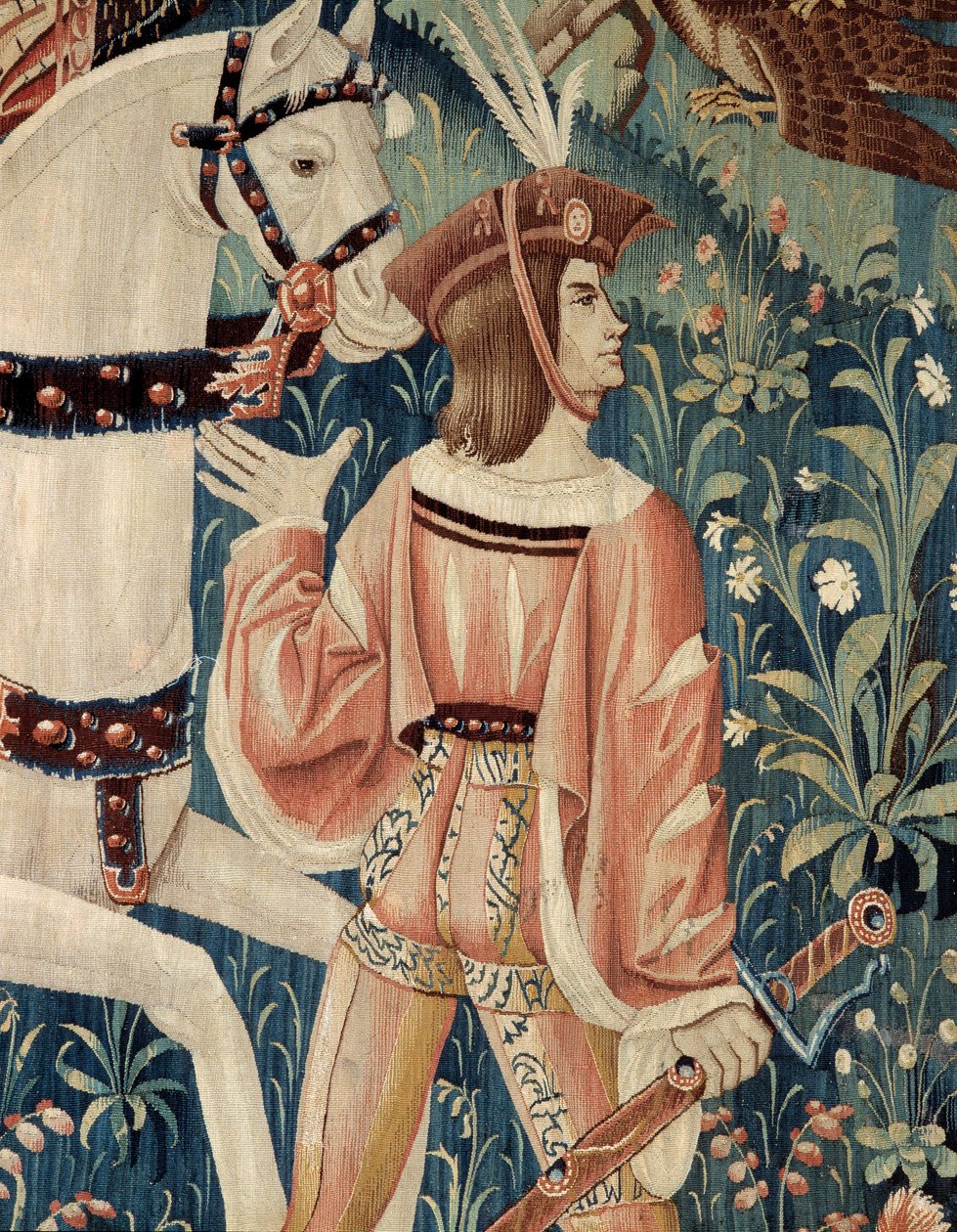 Keskiaika: haukkametsästyksen alku, hevosen selässä. Yksityiskohta silkki- ja villakuidosta 1500-luvun alusta. Hainautista. Pariisi, Keskiajan kansallismuseo, Thermes de Cluny tekijältä Belgian School