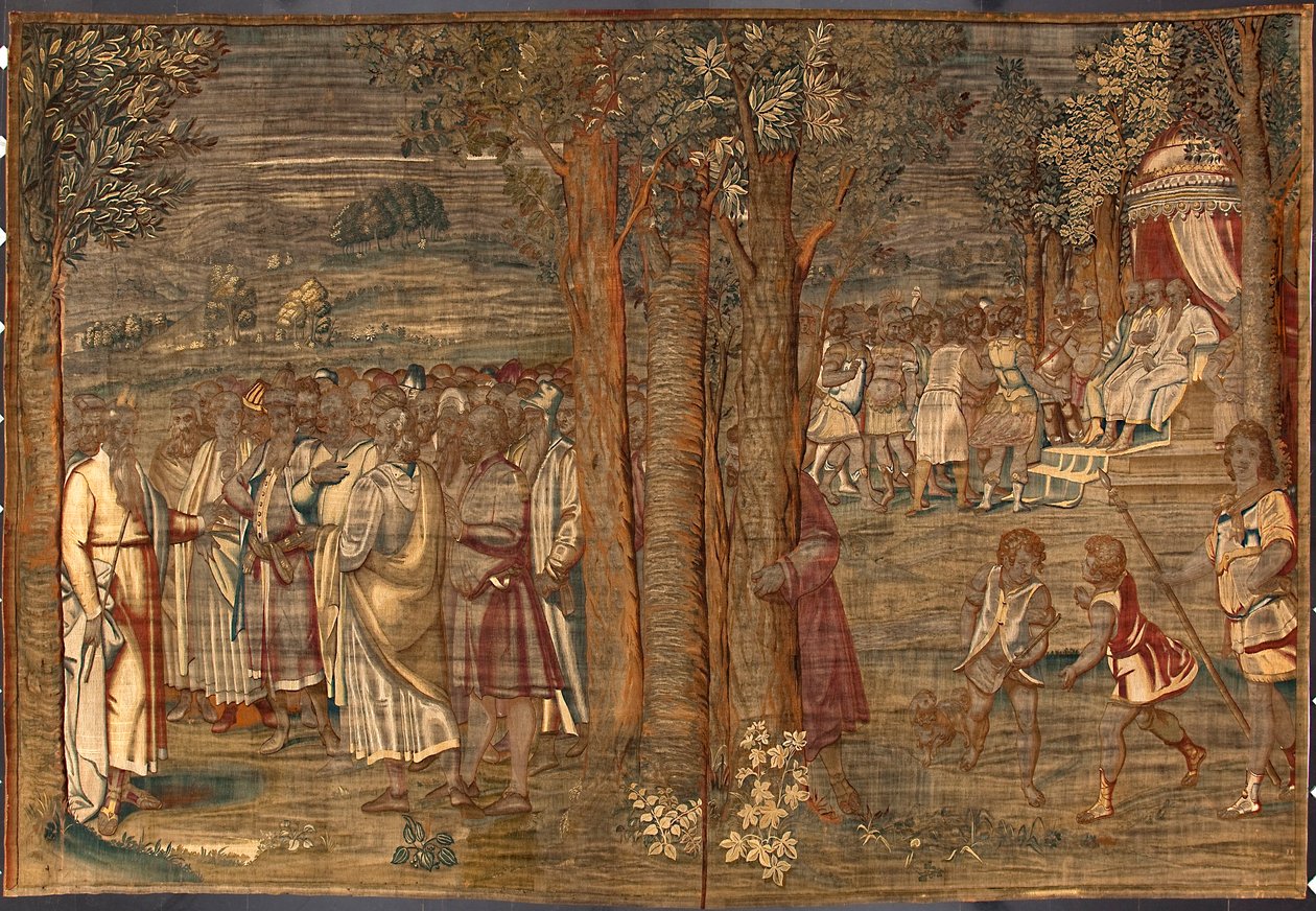 Moise perustaa Dionys Martenszin laatiman, Luca Cambiason (1527-1584) kartonkien mukaan Brysselin manufaktuureissa 1561-1564 valmistetun Justice Gobeliinin Dim. 392,5x220,5 cm Genes, Musei di Strada Nuova. tekijältä Belgian School