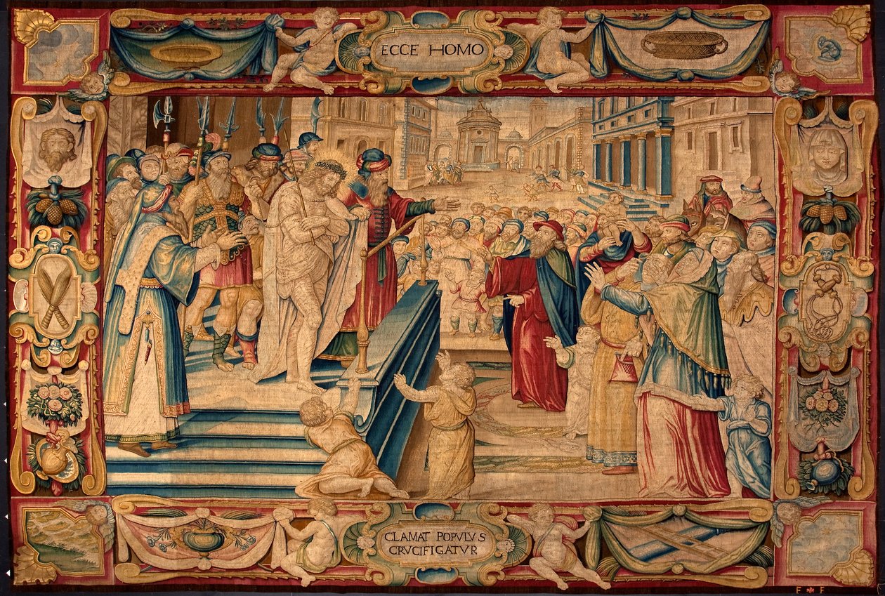 Kristuksen kärsimys: Jeesus on läsnä joukolle. Brysselin tehtaissa valmistettu kuvakudos. 1500-luvun Genes, Musei di Strada Nuova tekijältä Belgian School