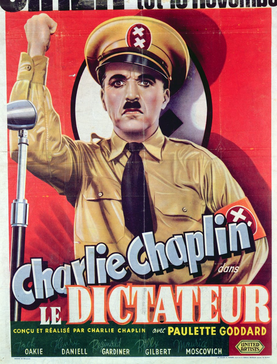 Juliste, joka mainostaa Charlie Chaplinin "The Great Dictator" -elokuvaa, julkaistiin ensimmäisen kerran vuonna 1940, noin 1945 (värilitho) tekijältä Belgian School