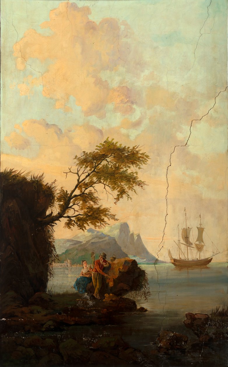 Takana toinen takahuone, kokoushuone, seinämaalauksia maalaiskohtauksilla klassiseen tyyliin, luultavasti vuodelta 1810, kohtaus 5 tekijältä Belgian School