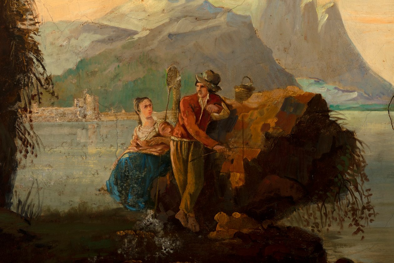 Takana toinen takahuone, kokoushuone, seinämaalauksia maalaiskohtauksilla klassiseen tyyliin, luultavasti vuodelta 1810, kohtaus 5 tekijältä Belgian School
