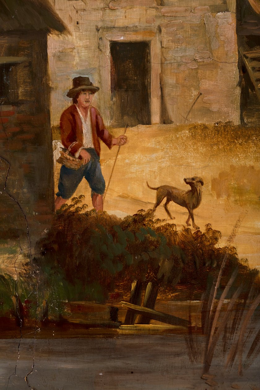 Takana toinen takahuone, kokoushuone, seinämaalauksia maalaiskohtauksilla klassiseen tyyliin, luultavasti vuodelta 1810, kohtaus 3 tekijältä Belgian School